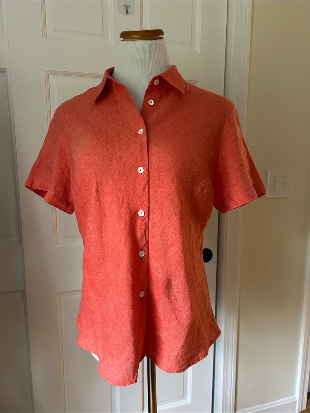Talbots Irish Linen Short Sleeve Button-Front Shirt Coral Pink Size 14